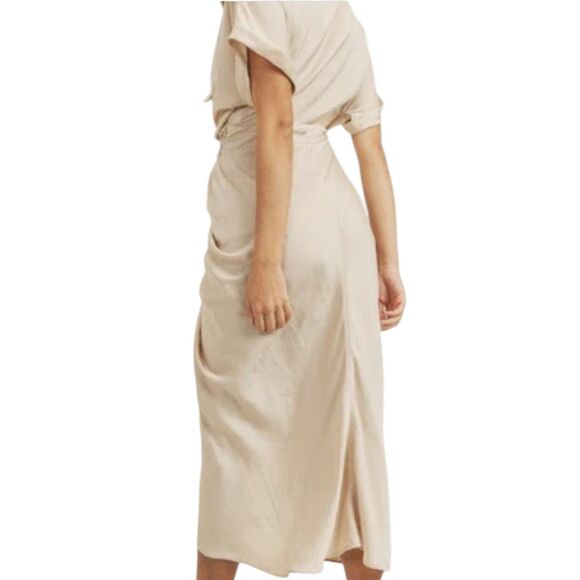 MABLE Cream Satin Drapey Elegant Corpcore Cocktail Button-Down Midi Dress M - Picture 3 of 16
